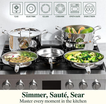 Umite Chef 17Pcs 5 Ply Clad Stainless Steel Cookware Set with Lids, Heavy Duty Pots and Pans Kitchen Set, Induction-Ready, Dual Aluminum Core for Even Heat, Cool Grip Handles, Dishwasher Safe
