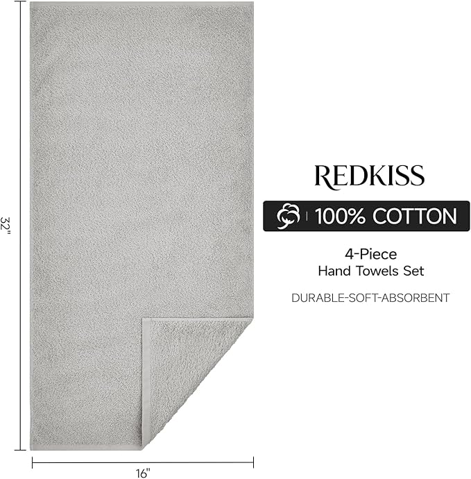 REDKISS 4-Pack Luxury Hand Towels, 16x32 Inch 450 GSM 100% Cotton, Super Soft