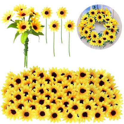 Wavwavw 50 Pcs 1.57 Inch Mini Artificial Sunflower Heads with Iron Stems for Home Party Decoration Wedding Decor, Bride Holding Flowers Centerpieces Wreath Garden DIY Art Decor Crafts