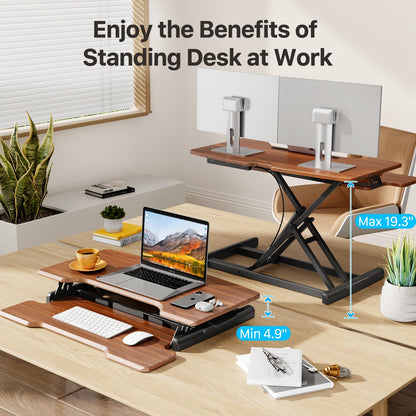 JYLH JOYSEEKER Standing Desk Converter 32 inch, Height Adjustable Sit Stand Desk Riser, Quick Sit to Stand Tabletop Dual Monitor Riser Workstation for Home Office with Keyboard Tray, Dark Wood