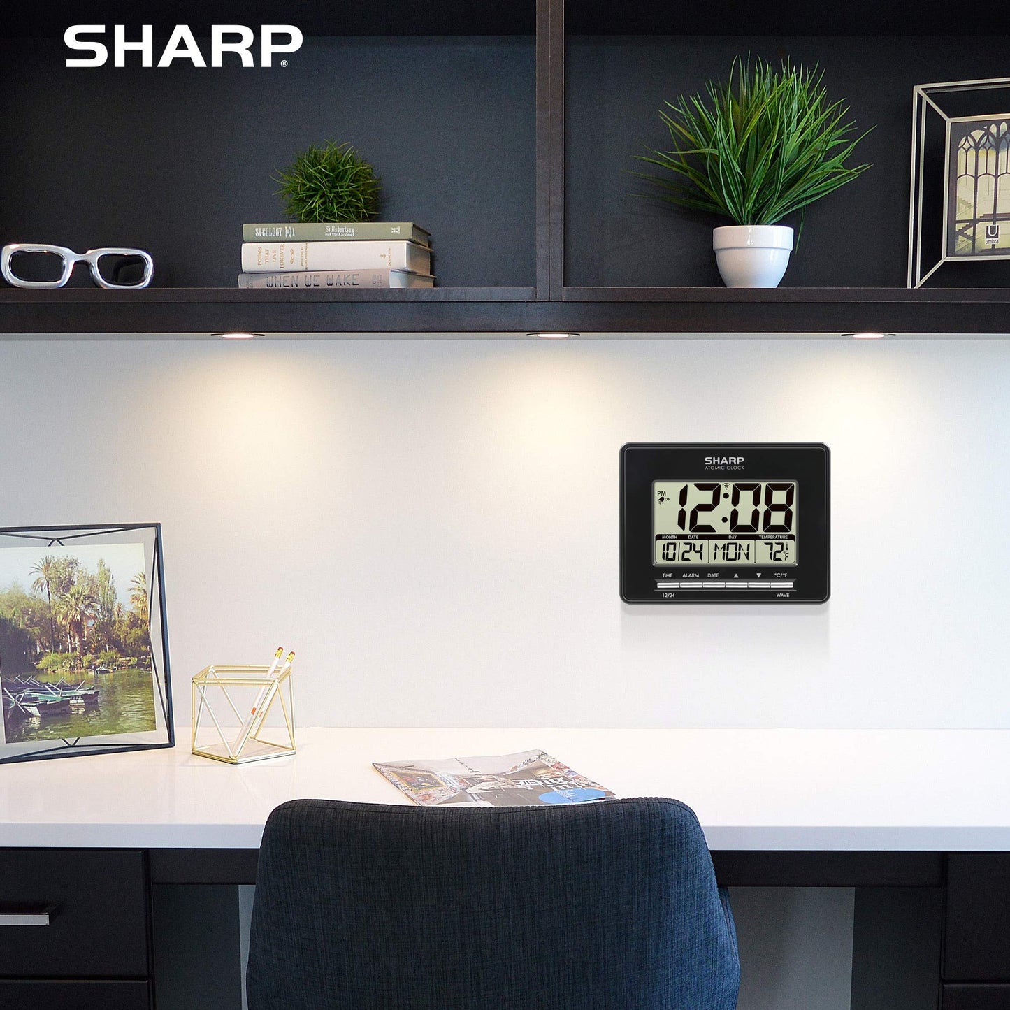 Sharp Atomic Desktop Clock – Auto Set Digital Alarm Clock - Atomic Accuracy - Easy to Read Screen with Time/Date/Temperature Display- Perfect for Nightstand or Desk