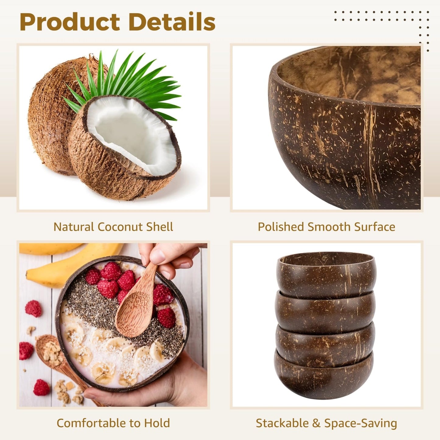OMISTAR 14 PCS Coconut Shell Bowls, Small Polished Wooden Bowl, Natural Coconut Shell Bowls for Smoothie, Acai, Salad, Snacks, Vegan Presents, Kitchen Decor, Picnic, Theme Party Dining (14PCS)