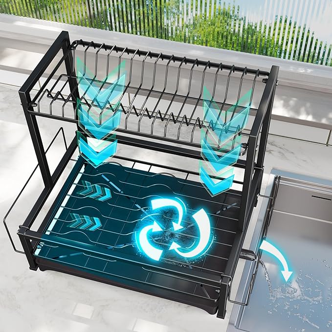 Simple Trending Dish Rack Over the Sink, Dish Drying Rack for Kitchen Counter, 2-Tier Stainless Steel Dish Drainer, Black