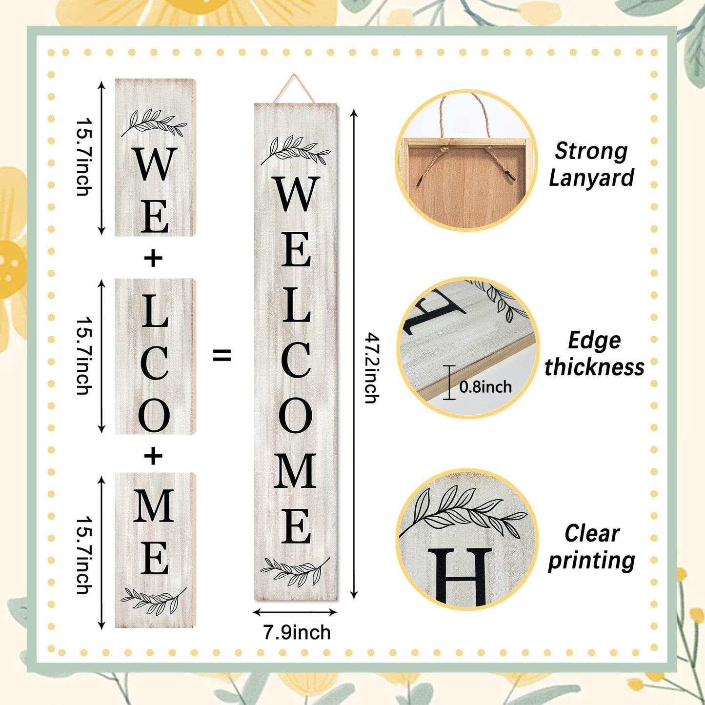 Welcome Sign for Front Porch Standing - Wooden Vertical Hanging Farmhouse Decor With Leaves for Front Door and Home Decorations 47.2"H