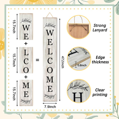 Welcome Sign for Front Porch Standing - Wooden Vertical Hanging Farmhouse Decor With Leaves for Front Door and Home Decorations 47.2"H