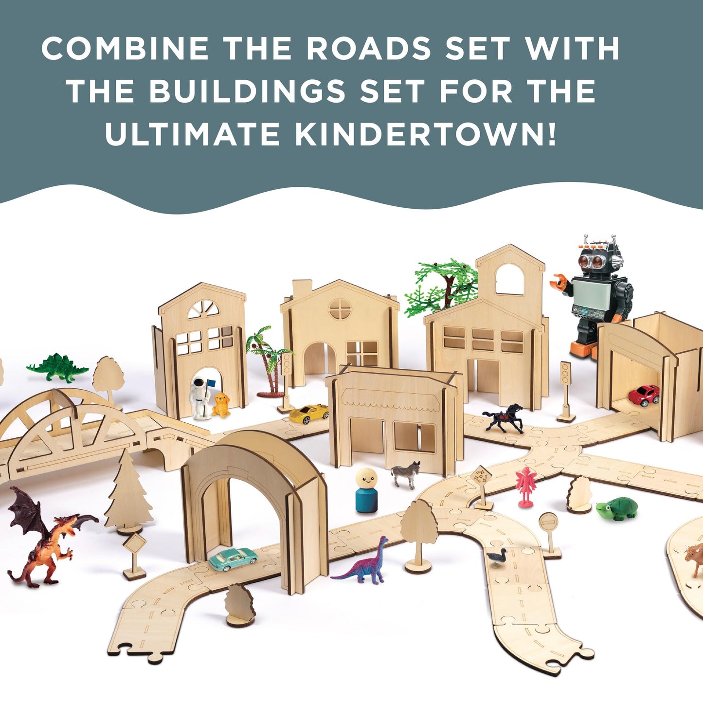 MindWare Kindertown Roads Wooden Montessori Building Set - Building Set for Toddlers
