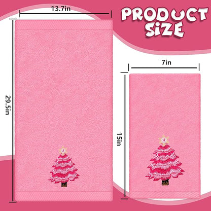 3Pcs Christmas Pink Hand Towel Set Cotton Xmas Tree Santa Snowman Bathroom