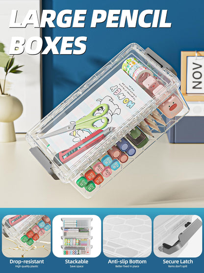 BiuLeon 4 Pack Extra Large Pencil Box, Plastic Pencil Case Organizer, Clear Crayon Box Marker Organizer, Stackable Craft Organizers and Storage for Pen, Craft, Art Supply(Pink)