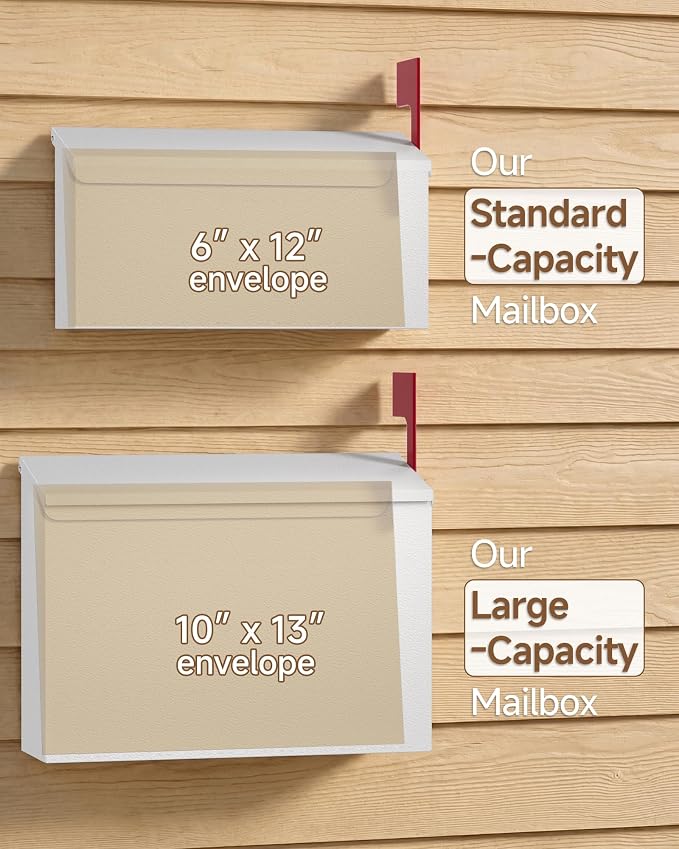 Wall-Mount Mailbox for Outside, Large Capacity Rust-Proof Mail Box with Stay-Open Lid & Red Flag Kit, Galvanized Steel Weather-Resistant Post Box for House Outside, 10.5"x4.3"x14.2", White