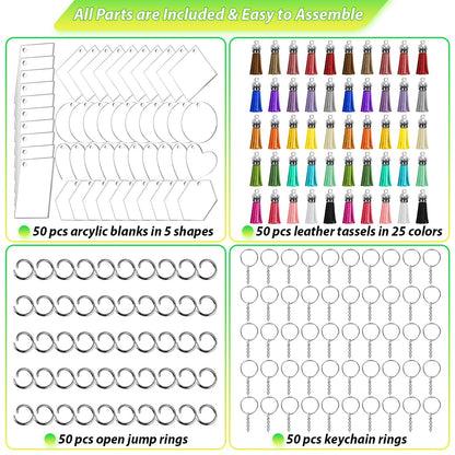 Cruzix 200Pcs Blank Keychains for Vinyl, Acrylic Keychain Blanks Bulk with 5 Shapes Clear Acrylic Disc Leather Tassel Charms Key Chains Jump Ring for DIY Craft Ornament Engrave Painting