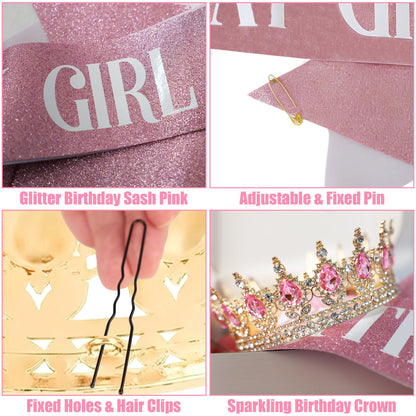 AMZVALU Crown & Birthday Sash for Women - Crown Happy Birthday Cake Topper Candles Balls Butterfly | Corona Para Pastel | Sweet Crown Decorations for Queen Princess Bride Wedding Prom (Gold, Pink)
