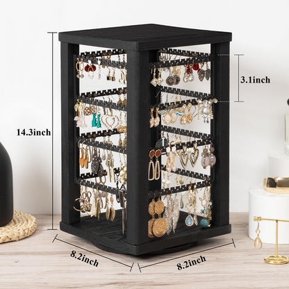 Emfogo 360 Earring Holder Organizer, Rustic Wood Earring Stand, Rotating Wooden Display, 4 Tiers Earring Organizer Stand for Stud Earrings, Hoop Earrings & Necklaces, Women Gifts