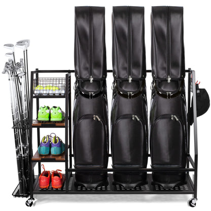 Sttoraboks 3 Golf Bags Storage Garage Organizer, Golf Bag Rack Fits 3 Golf Bags and Golf Equipment Accessories, Golf Club Storage Stand with Wooden Shelf and Lockable Wheels for Garage Indoor Basement