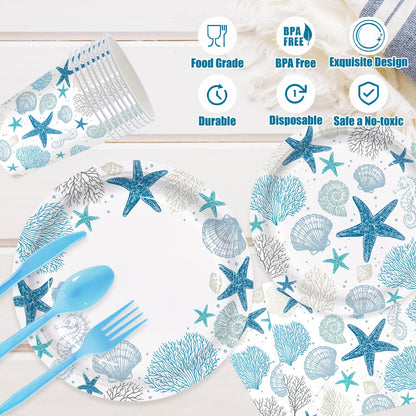 Vellumvibe 168pcs Coastal Beach Paper Plate Napkin Blue Starfish Seashell Party Supplies Disposable Tableware Set for Summer Ocean Birthday Party Decorations Serve 24 Guests