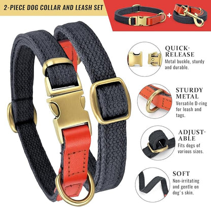 Dog Collar and Leash Set with Metal Quick Release Buckle, Adjustable, Breathable Nylon, Durable, Soft and Comfortable, No Pull for Walking and Training, Blue-Black, M (12.6"-19.6")
