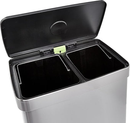 Amazon Basics Dual Compartment Recycling Trash Can with Soft-Close Lid, Fingerprint Resistant, Removable Liner Buckets, 60 Liters, Rectangular, Grey, Silver