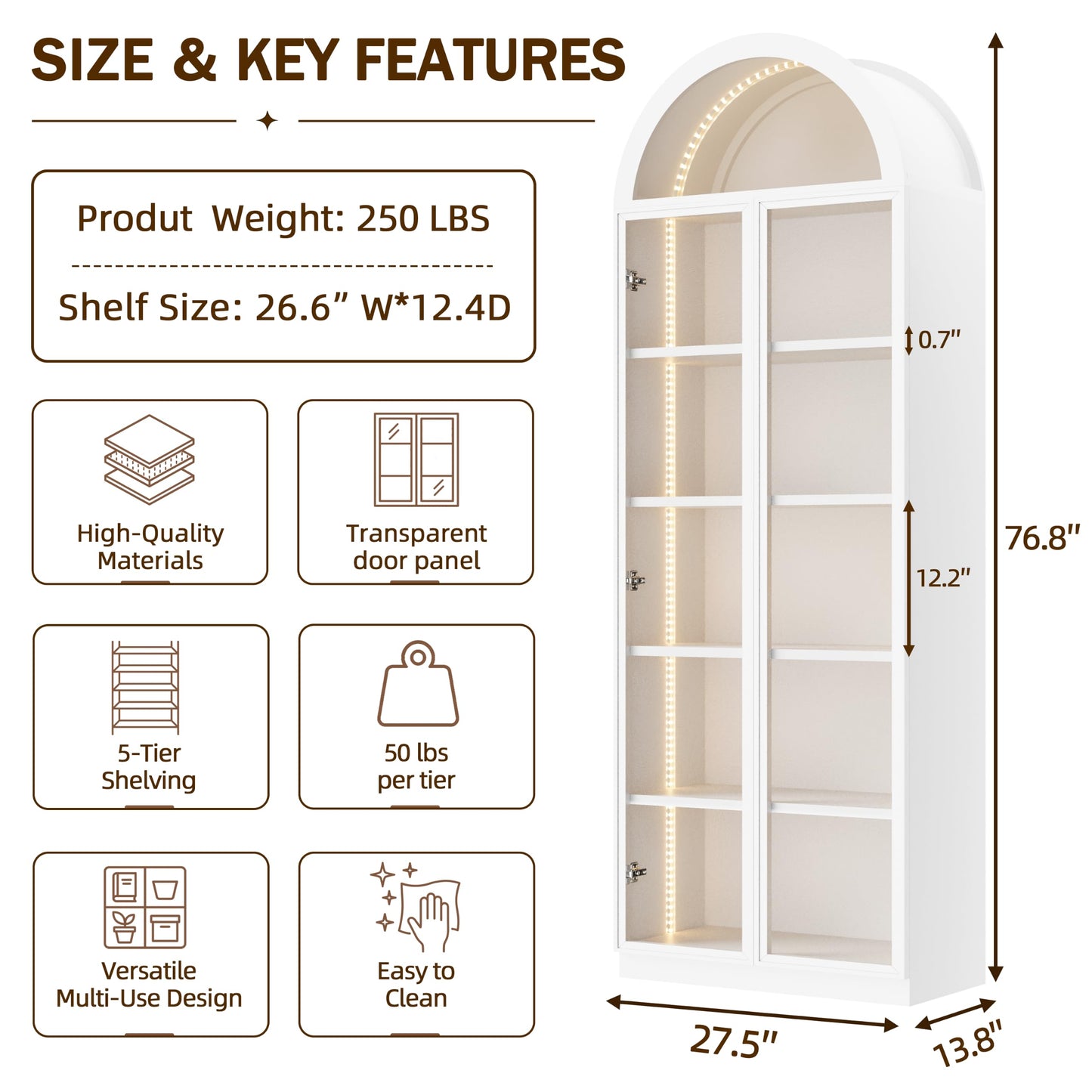 Wildhome Wooden Curio Cabinet with Acrylic Glass Door,77" Tall Arch Display Cabinet & Perfume Organizer with LED Light,Showcase for Collections, Perfume,Vinyl Albums, Bookcase(Arched top-White, Large)