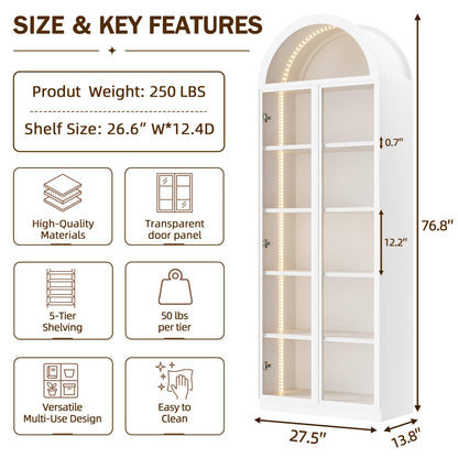 Wildhome Wooden Curio Cabinet with Acrylic Glass Door,77" Tall Arch Display Cabinet & Perfume Organizer with LED Light,Showcase for Collections, Perfume,Vinyl Albums, Bookcase(Arched top-White, Large)