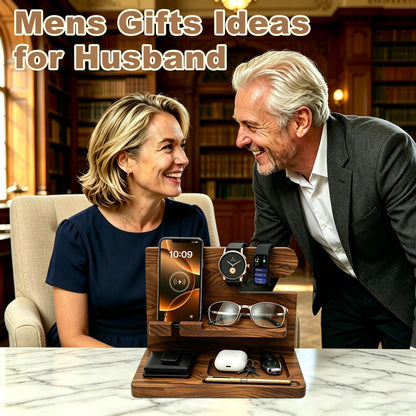 Iswabard Gifts for Men Wood Phone Docking Station Birthday Gift for Men Valentines Day Gifts Father Gift for Him Boyfriend Nightstand Organizer Desktop Phone Stand