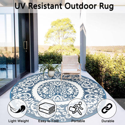 Homcomoda Round Outdoor Rugs 8ft Blue Patio Rugs Clearance Reversible Plastic Straw Rugs Waterproof Lightweight Outdoor Rugs Portable RV Camping Mat for Outdoor Porch Deck BBQ Backyard