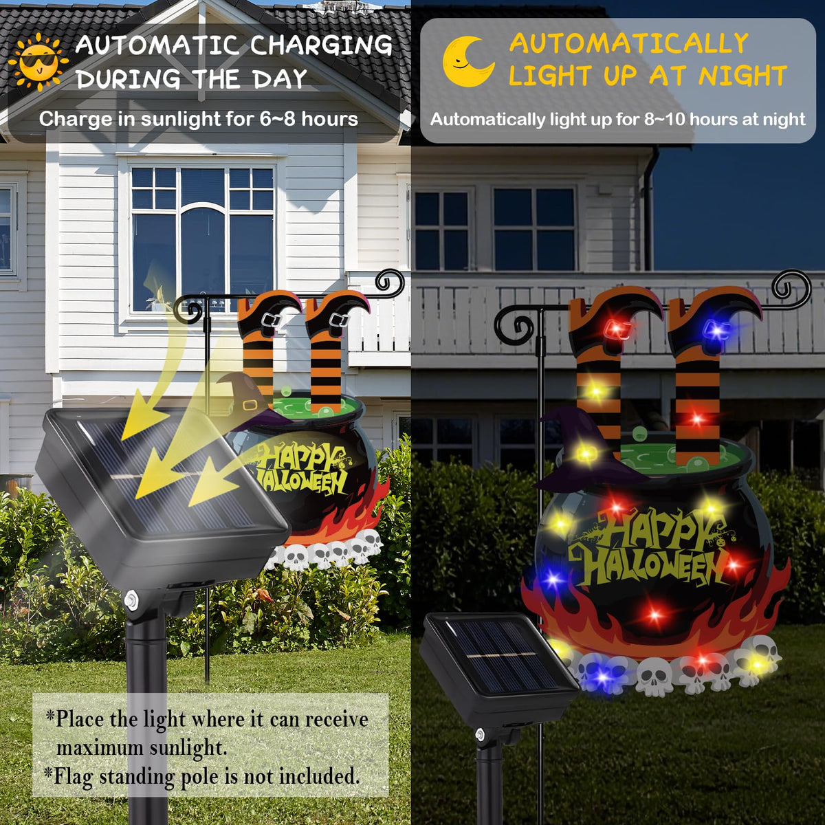 GOAUS Halloween LED Garden Flag Light Up Solar Powered, Witch Cauldron Decorations Outdoor, Double Sided Oxford Decorative Flag for Lawn Yard Outside Decor, 12x18 Inches