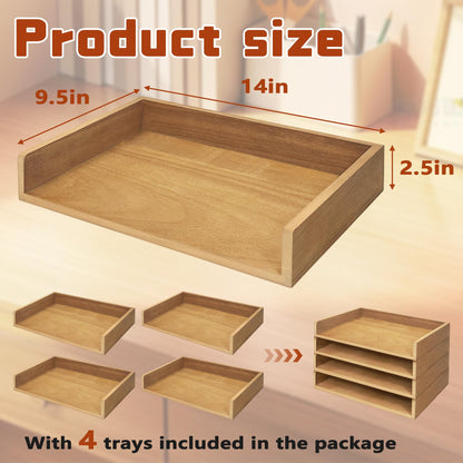 PROLEE Wooden Paper Tray Organizer for Desk, Stackable Paper Holder and Letter Tray, 4-Tier Desktop File Storage Rack for Study,Home and Office (Oak, 14" x 9.5" x 2.5")
