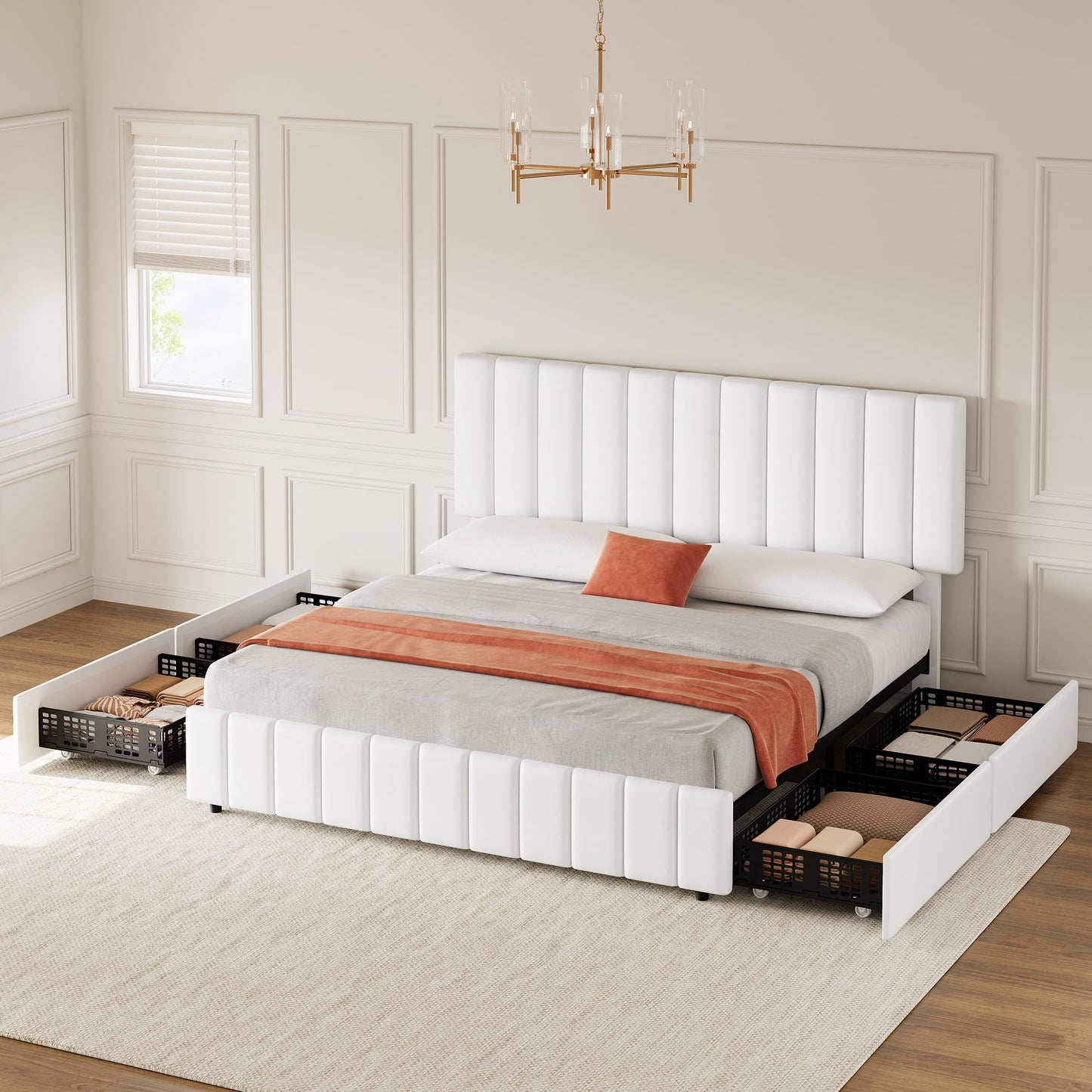 Queen Size Bed Frame with Upholstered Headboard, Queen Platform Bed with 4 Storage Drawers, Wooden Slats Support & Adjustable Headboard, No Box Spring Needed, Noise Free, Easy to Assemble, White
