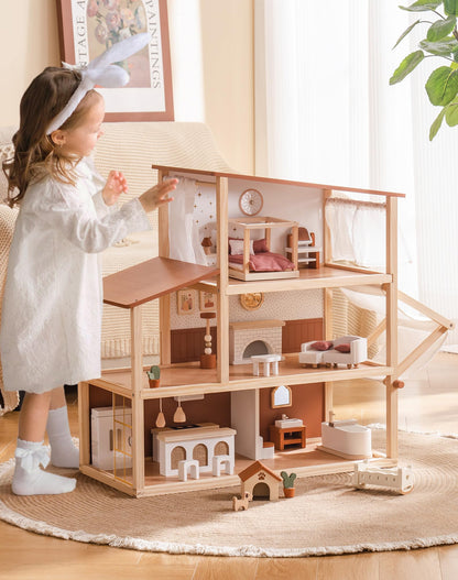 ROBOTIME Wooden Dollhouse, Doll House for Girls – 3-Story Bohemian Style Doll House with 37- Piece Furniture & Awning, Pretend Play Wooden Dollhouse Gift for Kids Ages 3+