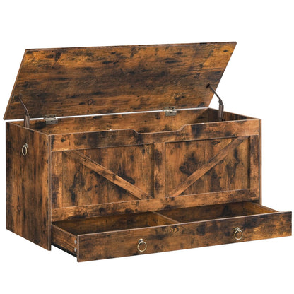 HOOBRO Storage Chest, 43.3" Toy Chest with Drawer, Wooden Storage Bench, Sturdy Entryway Bench Supports 220 lb, Shoe Bench, Safety Hinge, U-Shaped Opening, Easy Assembly, Rustic Brown FG711CW01G1