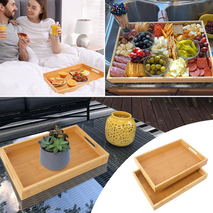 Geytetqi 3 Pack Large Bamboo Serving Tray with Handles, 14 x 10 inch Wooden Dinner Tray, Home Kitchen Breakfast Trays for Living Room Bedroom Kitchen Dinner Table, Picnic