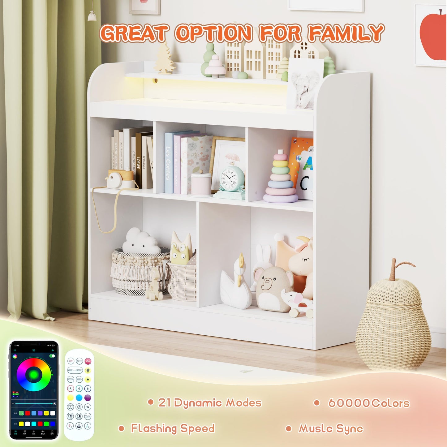 Lkeiyay Open Shelf Kids Bookcase,Montessori Toy Organizer with LED Lights - White Wooden Open Bookcase for Kids, Bedroom, Back to School,Playrooms & Nurseries