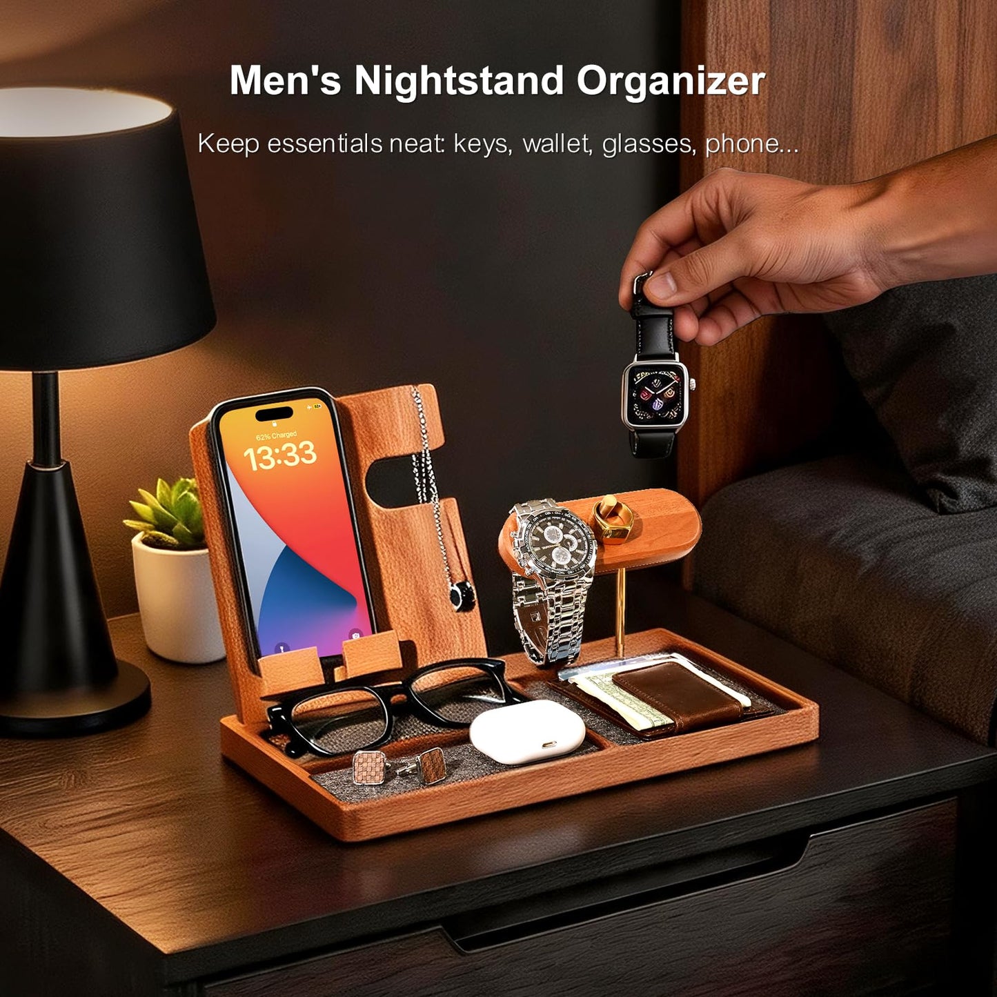 IKIKAKI Wood Nightstand Organizer for Men, Fathers Day Gift for Dad Husband, Birthday Anniversary Retirement Idea, Desk & Bedside EDC Tray for Key Wallet Watch