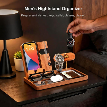IKIKAKI Wood Nightstand Organizer for Men, Fathers Day Gift for Dad Husband, Birthday Anniversary Retirement Idea, Desk & Bedside EDC Tray for Key Wallet Watch