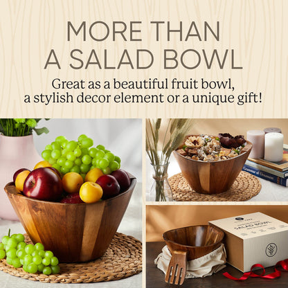 Night Tree Large wooden salad bowl with serving forks mixing, wood salad bowl set for food or fruits, magnetic utensils fit for 6–8 servings, ideal to family meals or as a unique gift