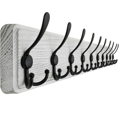 SKOLOO Coat Rack Wall Mounted - 38.3'' Long, Wooden, Heavy Duty, Rustic Coat Hooks for Wall, Wall Coat Rack with 10 Triple Hooks for Hanging Clothes, Jacket, Hat(Weathered White)