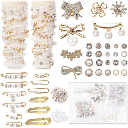 Janinka 348 Pcs DIY Junk Socks Charms Kit with Letter Beads, Gold Charm Safety Pin Brooch Pearl Rhinestone Jewelry Bulk Decorating Accessories for Women Socks Shoes Hat Clothes (Elegant Style)
