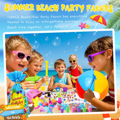 Pool Party Favors and Beach Party Favors,158PCS Summer Pool Toys for Kids, Undersea theme decoration, Including Beach Balls, Sunglasses, Bubble Wands, Stamp and Crystal Shells for Kids Ages 4-8 8-12