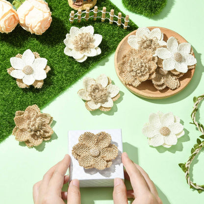LiQunSweet 24 Pcs 6 Styles Handmade Natural Burlap 3D Fabric Flowers Burlap Rustic Ornament Accessories for Hat DIY Handmade Crafts Home Embellishment Wedding Party Decoration