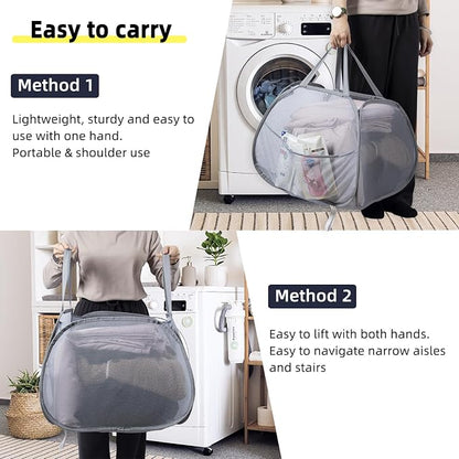 Collapsible Laundry Basket, 90L Foldable Pop Up Laundry Hamper with Handles, Mesh Dirty Clothes Hamper for Laundry, Bathroom, Kids Room, Dorm,Travel or Camping (Green, 2PCS)