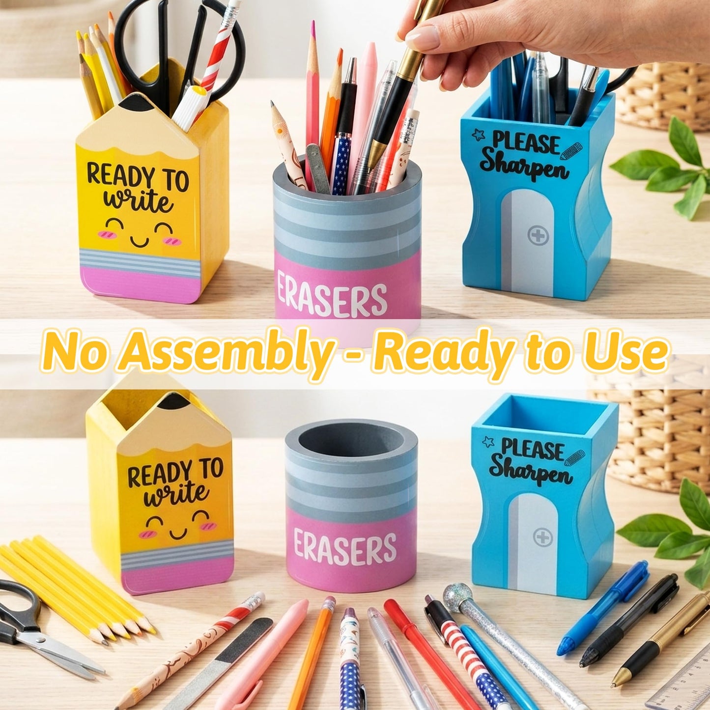 MALLMALL6 3Pcs Pencil Sharpen Eraser Shaped Pencil Holder, Back to School Wooden Caddy Case Gifts for Kid Student, No Assembly Sharp Dull Shaped Desktop Dispenser Storage Organizer for Classroom Decor