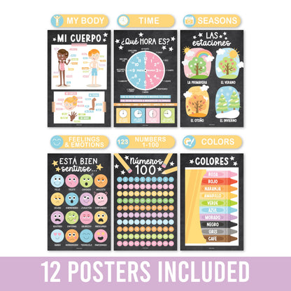 Hadley Designs Spanish Posters for Classroom -12 Bilingual Educational Posters for Spanish Classroom Decorations Must Haves, Calendario y Alfabeto en Español Para la Pared, Chalkboard Teacher Supplies