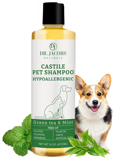 Dr. Jacobs Naturals Castile Pet Shampoo - Gentle Cat & Dog Wash w/Pure Castile Soap - Plant-Based Dog Shampoo w/Olive Oil, Coconut Oil, Shea Butter, Aloe Vera, Vitamin E - Green Tea & Mint