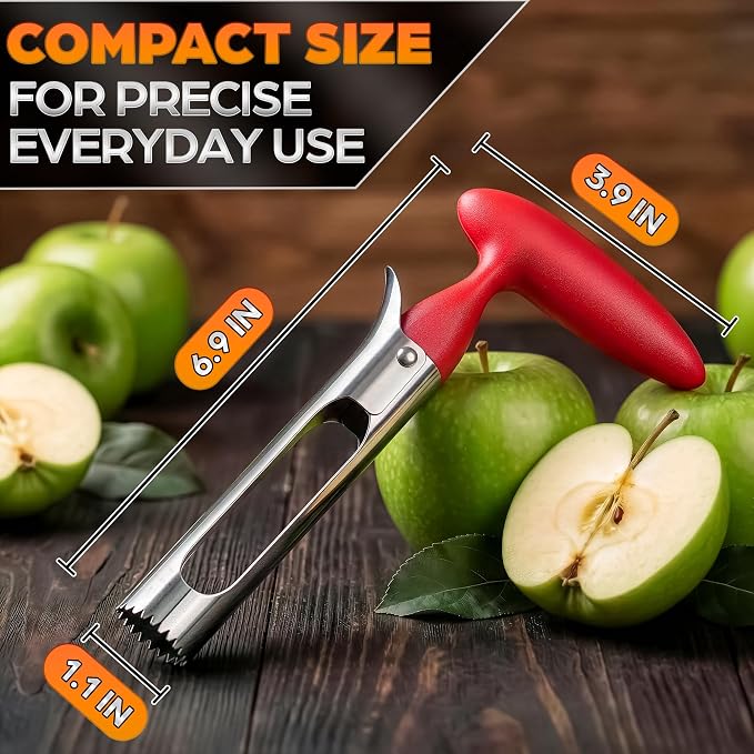 Apple Corer Tool - Apple Core Remover with Ergonomic Red Handle, Durable Food-Safe Stainless Steel 7.3" Fruit Corer for Apples, Peppers, Tomatoes, Cupcakes, Spring Baking & Summer Pies, Easy to Clean