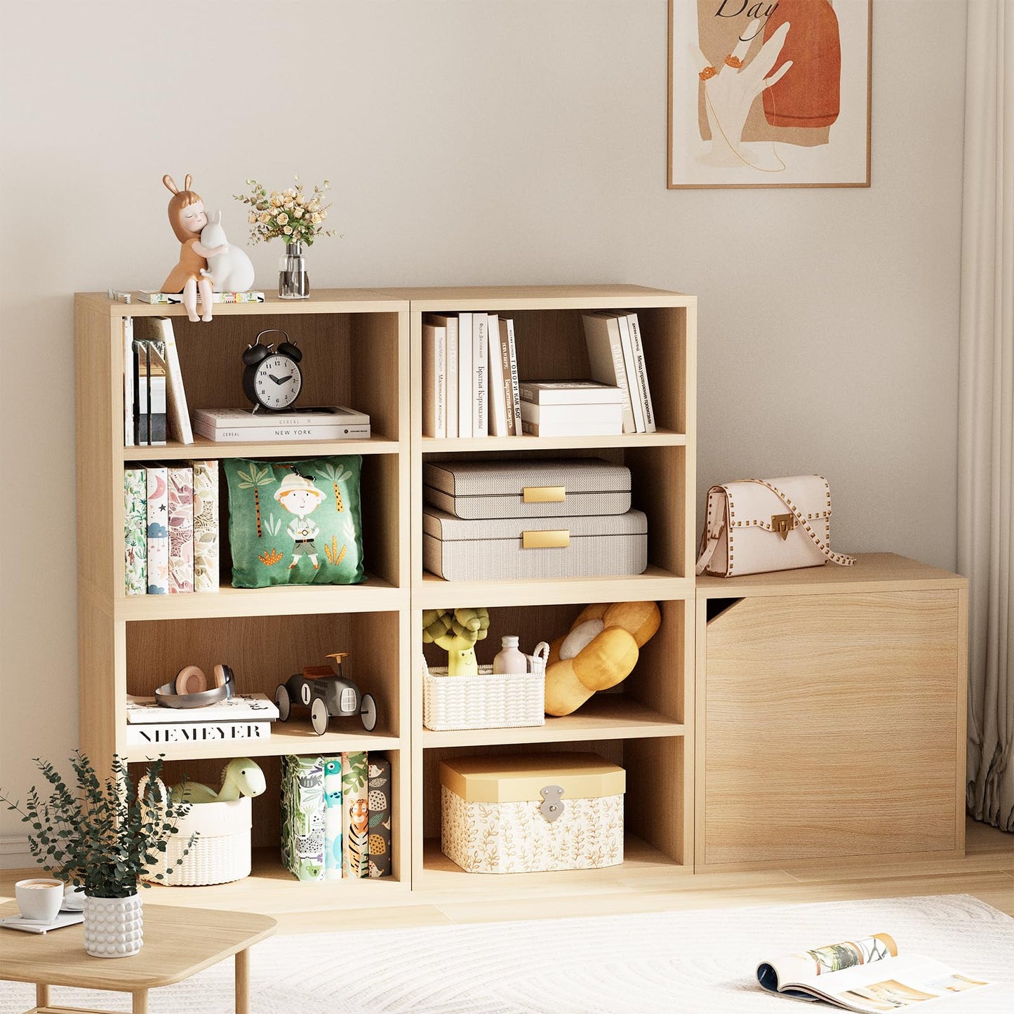 Garden 4 you Cube Storage Organizer Shelf, 2 Tiers Stackable Bookshelf, Wooden Display Bookcase with 2 Cube Storage, Small Storage Cabinet for Living Room Bedroom, Natural