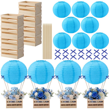 Gerrii 8 Sets Blue Hot Air Balloon Table Centerpieces, 8" Paper Lanterns with Wooden Crates Bamboo Sticks and Bows, DIY Hot Air Balloon Decor for Bridal Shower Wedding Bachelorette Birthday Party
