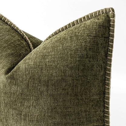 MIULEE Pack of 2 Lumbar Throw Pillow Covers 12x20 Inch Olive Green Farmhouse Decorative Pillow Covers with Stitched Edge Soft Chenille Solid Dyed Pillow Covers for Couch Sofa Bed Living Room