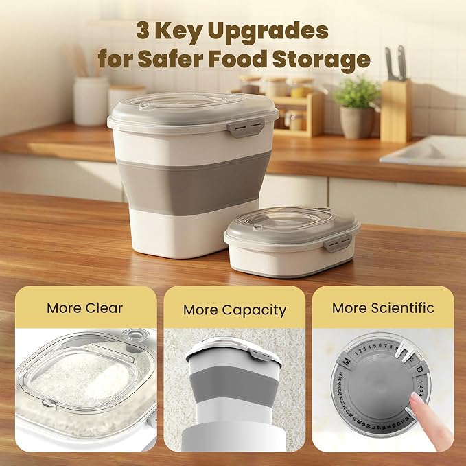 20-50Lbs Rice Container,Collapsible Food Storage Containers with Clear Airtight Lid,Wheels,Date Track,Rice Storage Container with 2PCS Containers and Scoop for Flour Sugar Cereal Grain Dog Cat