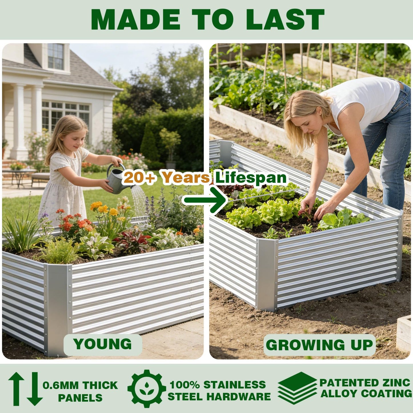 Annzoe 3 Pcs 4 x 2 FT Galvanized Steel Raised Garden Bed for Outdoor Gardening, Durable Metal Planter Box for Vegetables, Herbs, and Flowers, Easy Assembly & Rust Resistant