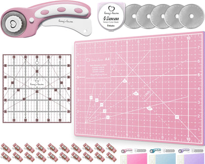 Rotary Cutter Set - Quilting Kit incl. 45mm Fabric Cutter, 5 Replacement Blades, A4 Cutting Mat, Acrylic Ruler and Craft Clips - Ideal for Crafting, Sewing, Patchworking, Crochet & Knitting (Pink, A4)