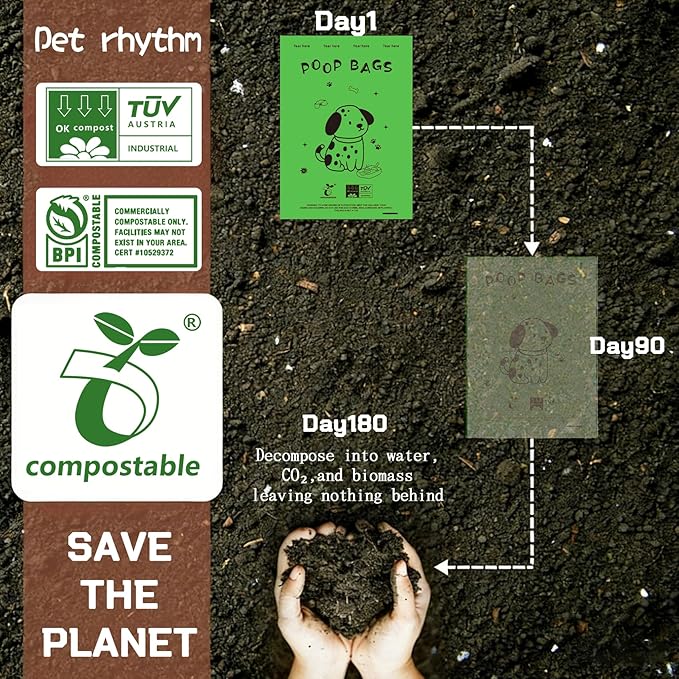 Dog Poop Bags Rolls-Biodegradable dog poop bags, Compostable Dog Waste Bags, ASTM D6400 & EN 13432 Compliant BPI Certified Pet Waste Bags. Earth Friendly 120 waste bag including dispenser